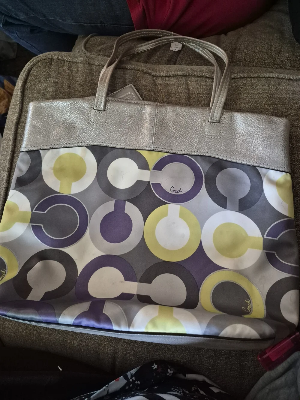Coach Metallic Silver Tote with Patterned Panel
